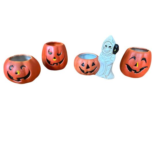 80s Vintage Pumpkins and ghost ceramic Jack-o-lantern figure tea light set of 4 - Picture 1 of 5